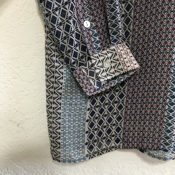 Ro & De Tunic NWT Sheer Band Collar 1/2 Button Down Blouse Gray Navy Blue - Picture 5 of 13